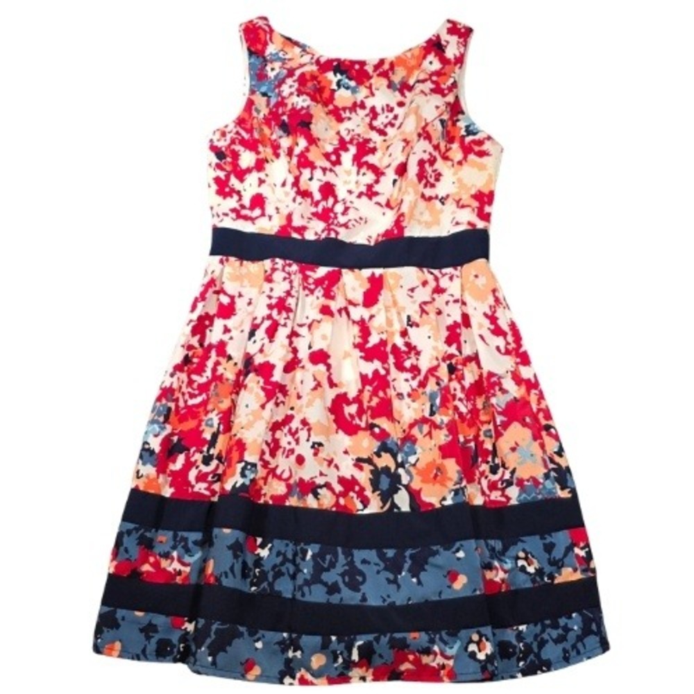 B  Darlin 5/6 Floral Fit and Flare Dress Sleeveless Boat Neck Navy Trimmed Skirt